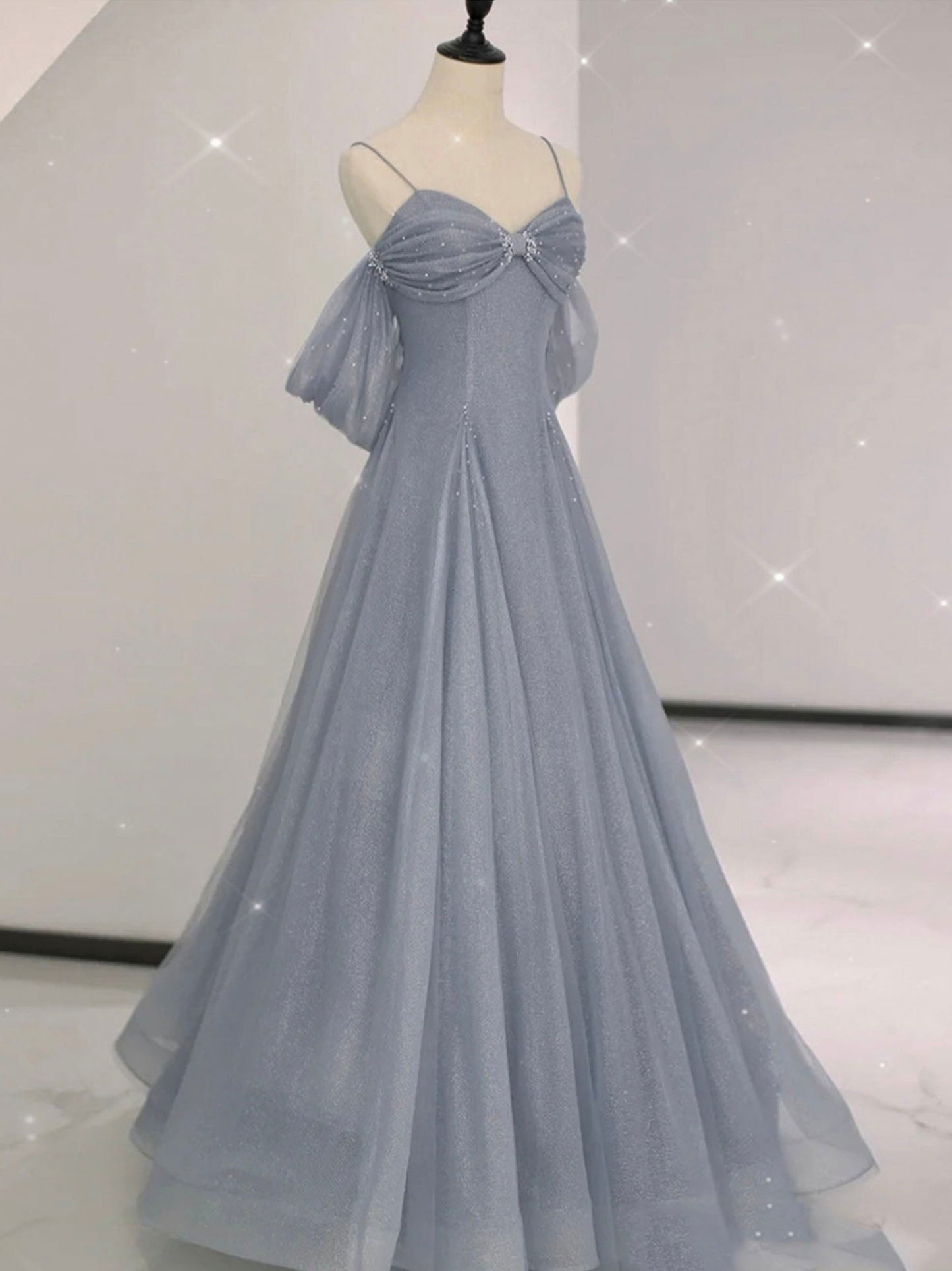 
                  
                    Gray A line tulle off shoulder prom dress, gray long evening dress
                  
                