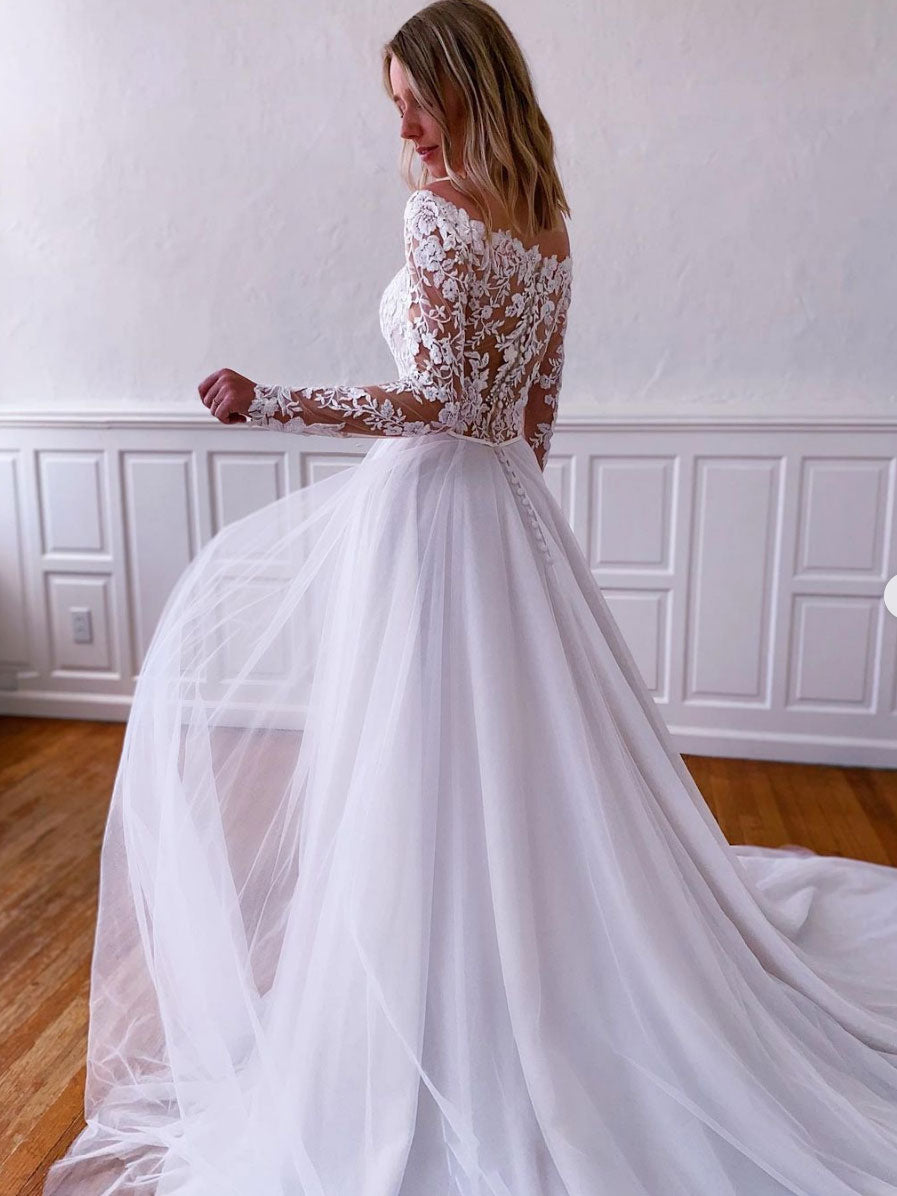 White lace tulle long prom dress, white lace tulle evening dress