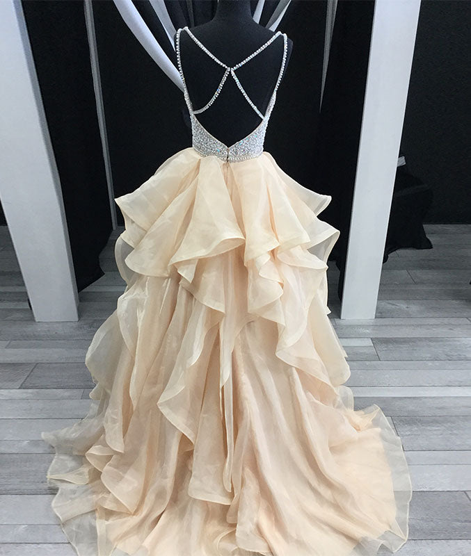Unique champagne tulle sequin long prom dress, champagne evening dress - shdress