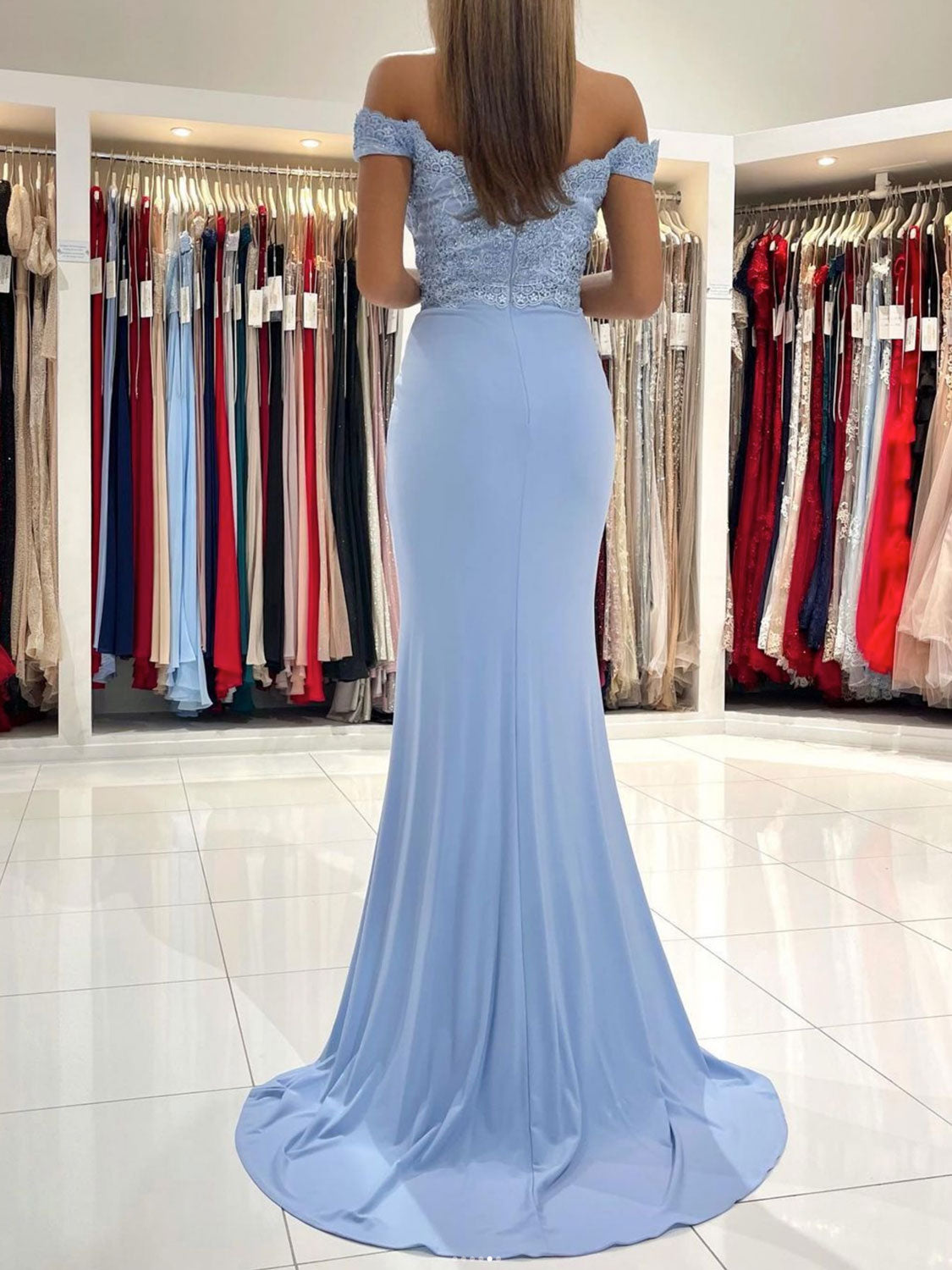 
                  
                    Blue chiffon lace mermaid long prom dress, blue lace evening dress
                  
                