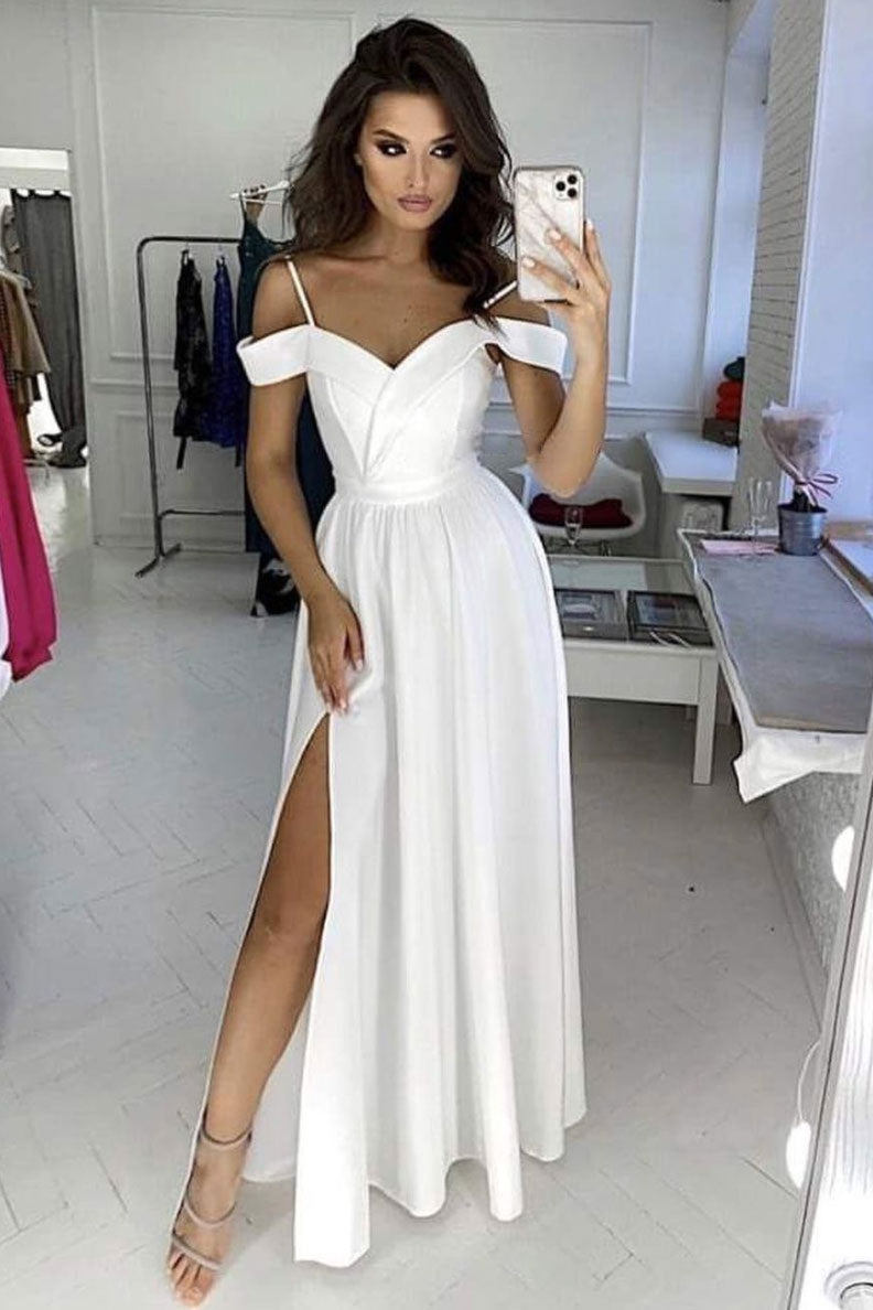 Simple white off shoulder satin long prom dress white evening dress shdress Simple white off shoulder satin long prom dress white evening dress shdress