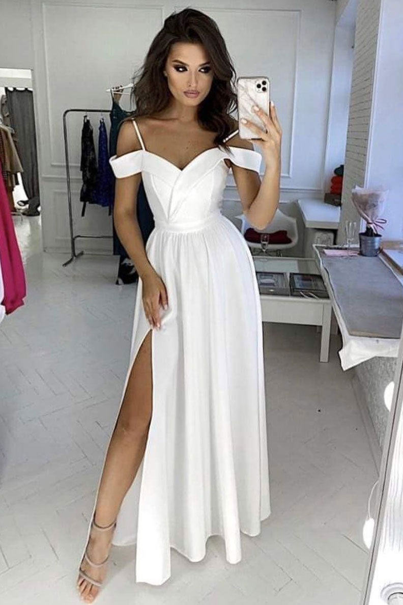 Simple white off shoulder satin long prom dress white evening dress ...