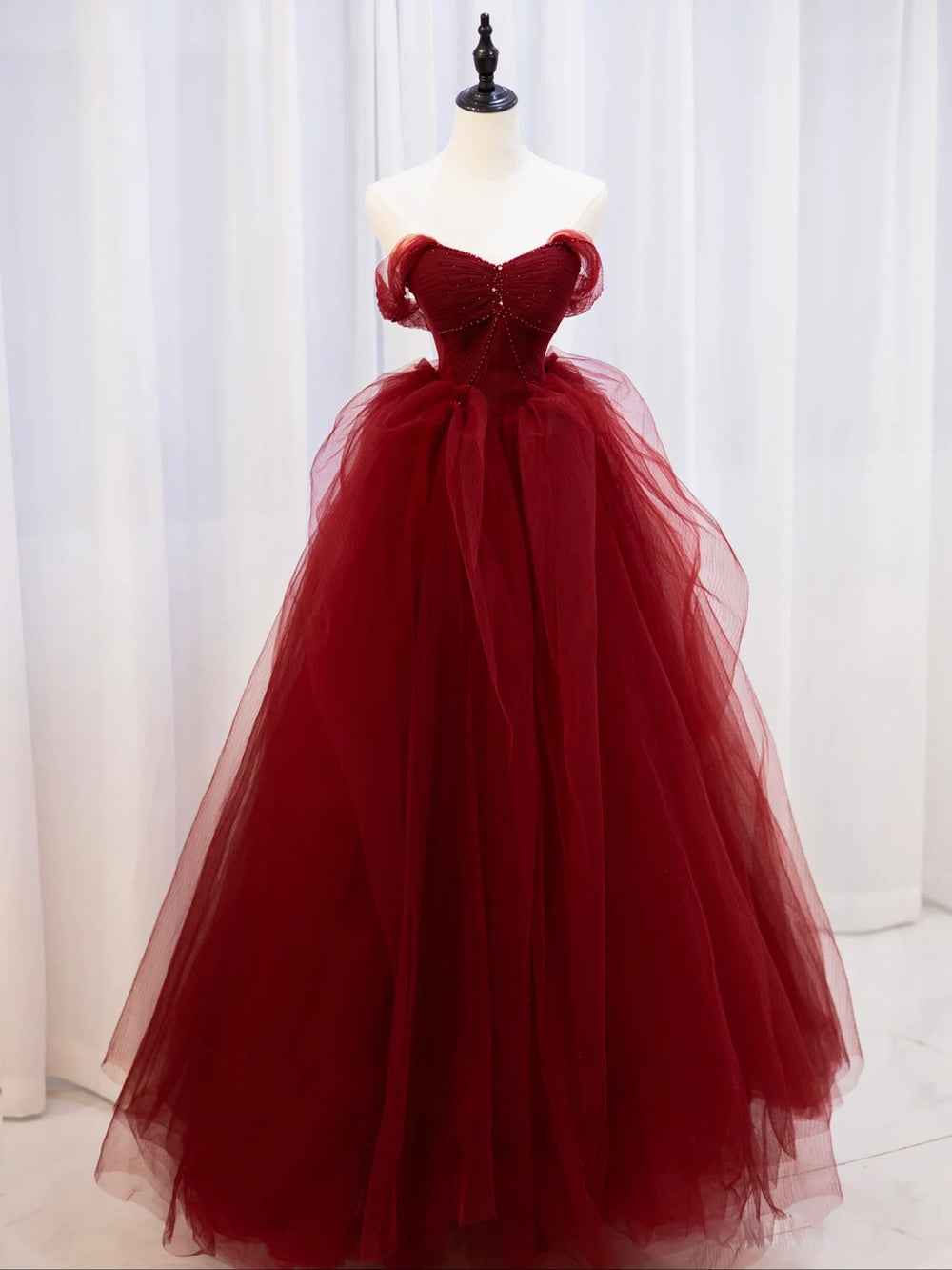 Burgundy off shoulder tulle lace long prom dress burgundy formal dress
