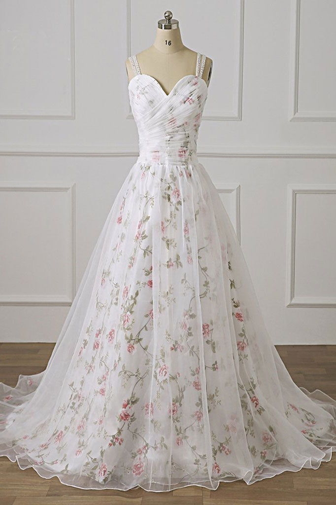 White sweetheart A line tulle long prom dress white formal dress