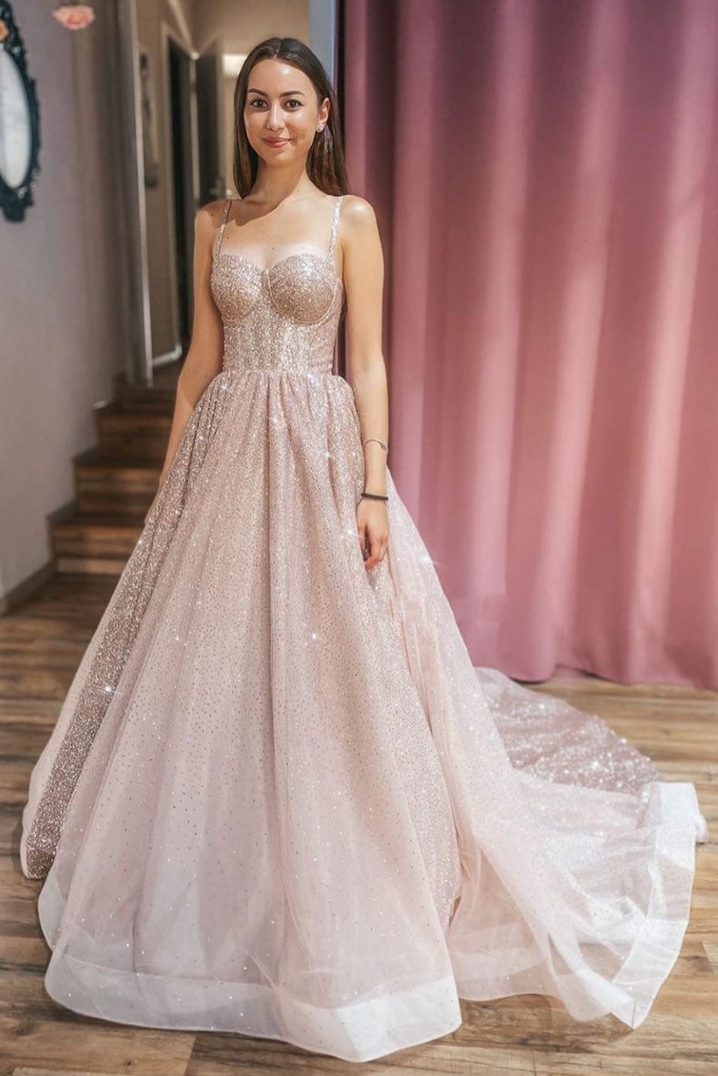 Champagne sweetheart tulle sequin long prom dress tulle formal dress