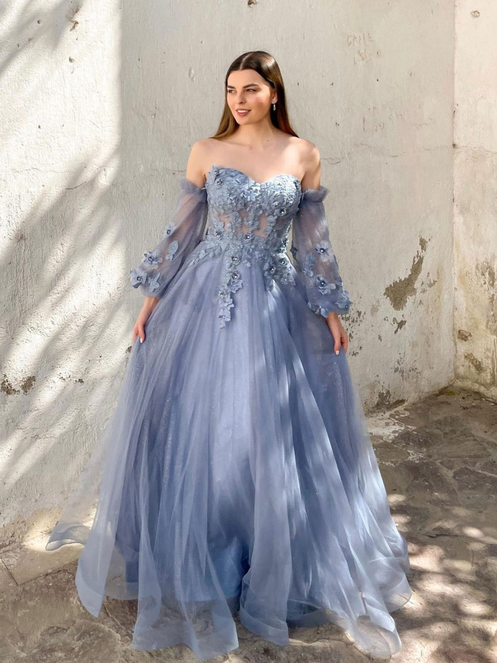 A-Line Sweetheart Neck Tulle Gray Blue Lace Long Prom Dress