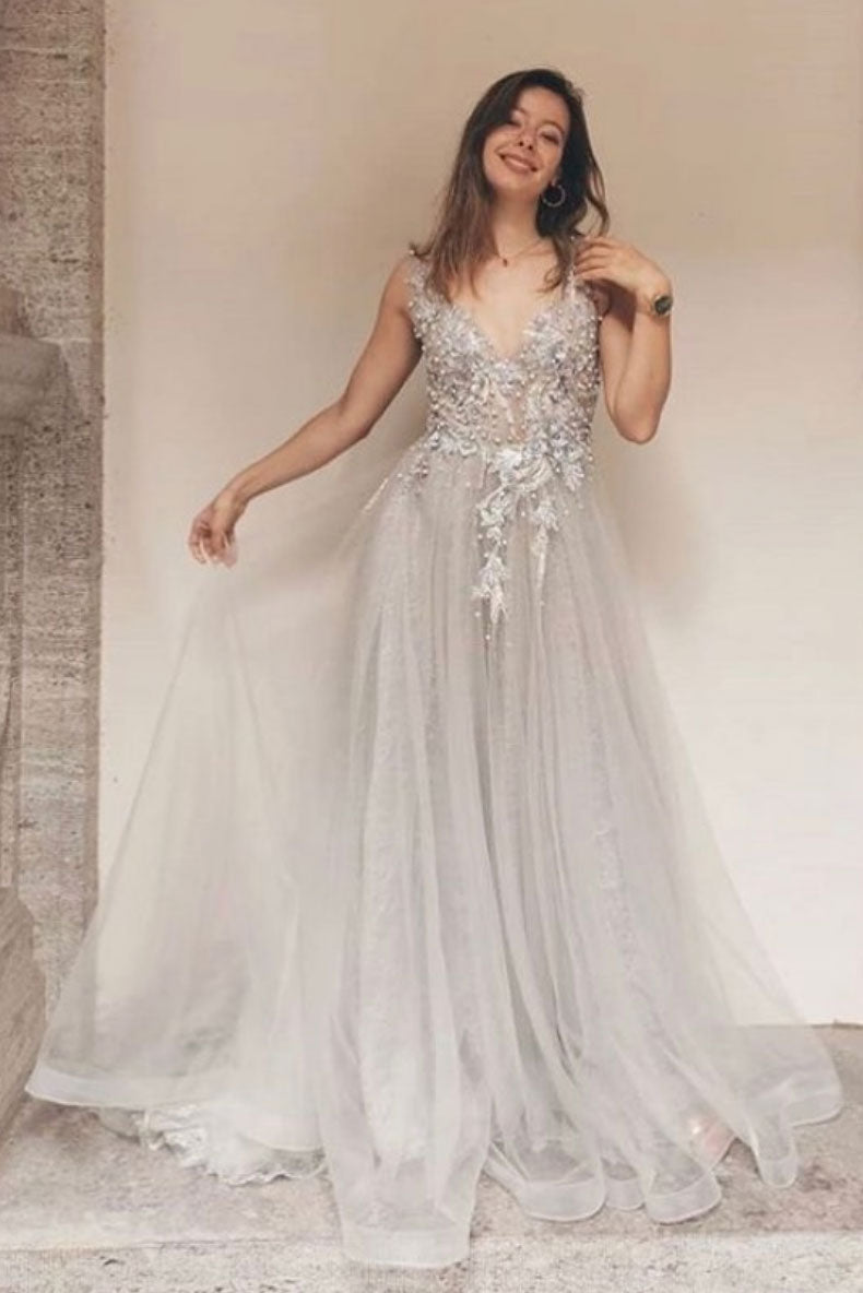 Gray v neck tulle lace long prom dress gray lace formal dress