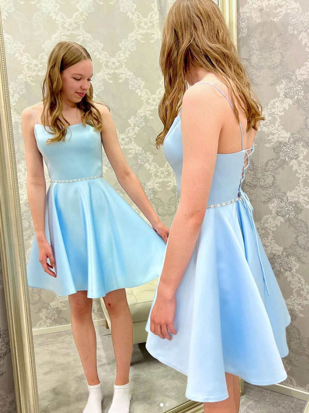 Blue satin beads short prom dress, blue homecoming dress shdress Blue satin beads short prom dress, blue homecoming dress shdress