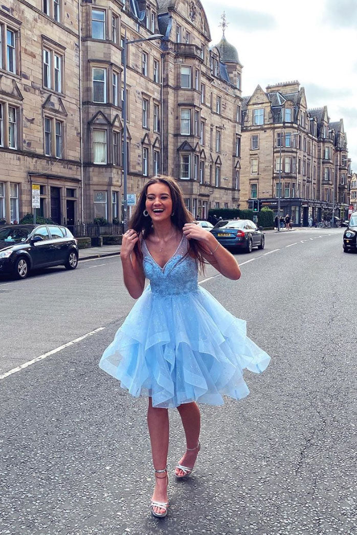 Blue v neck tulle short prom dress blue tulle lace homecoming dress Blue v neck tulle short prom dress blue tulle lace homecoming dress