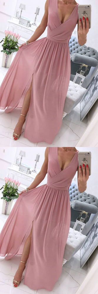 
                  
                    Simple chiffon pink long prom dress, pink evening dress
                  
                