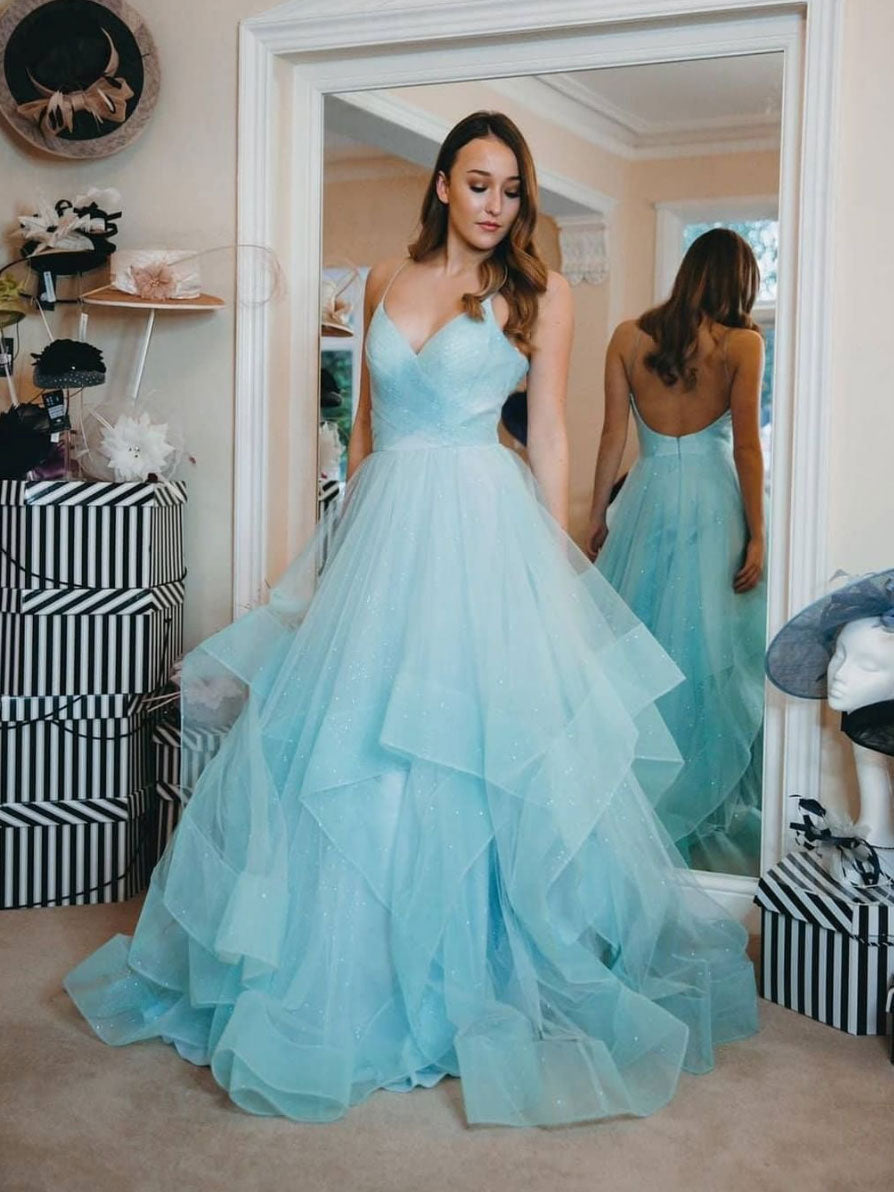 Blue tulle long A line prom dress blue evening dress s51 – Simplepromdress