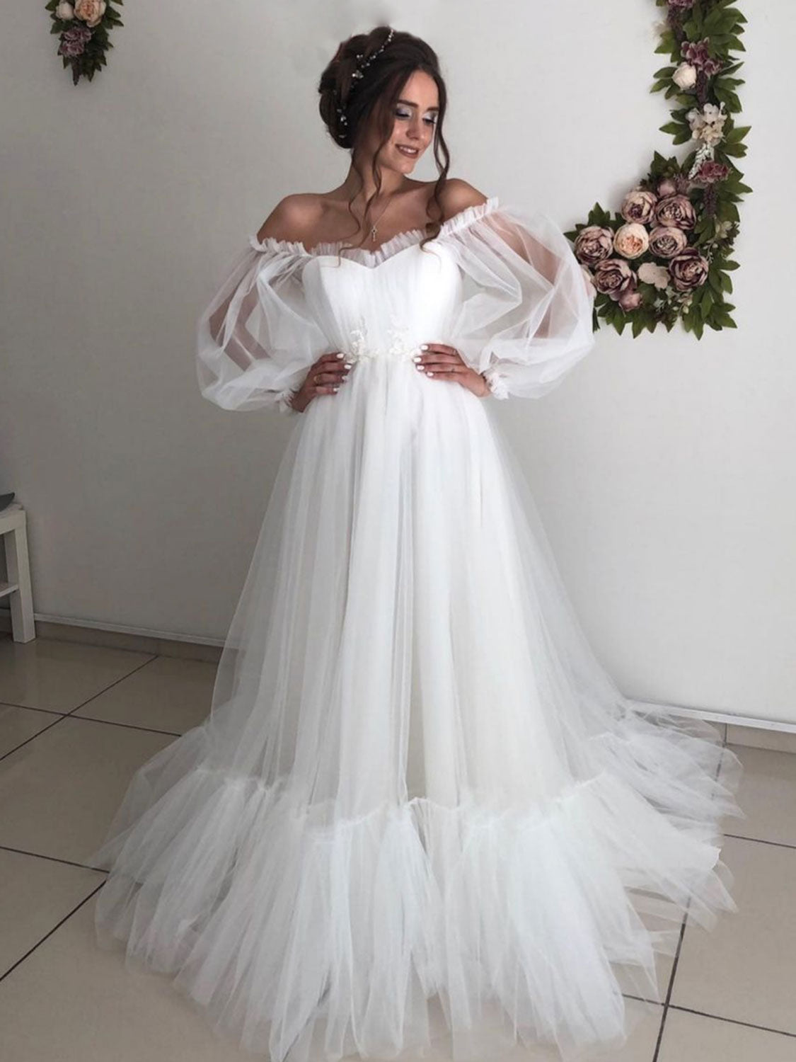 White A line long prom dress, white tulle long formal dress shdress White A line long prom dress, white tulle long formal dress shdress