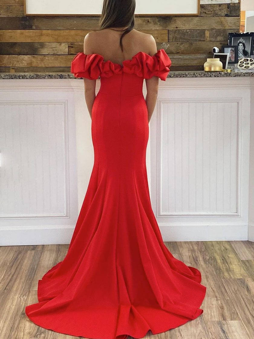 Simple red off shoulder satin long prom dress, red evening dress shdress Simple red off shoulder satin long prom dress, red evening dress shdress