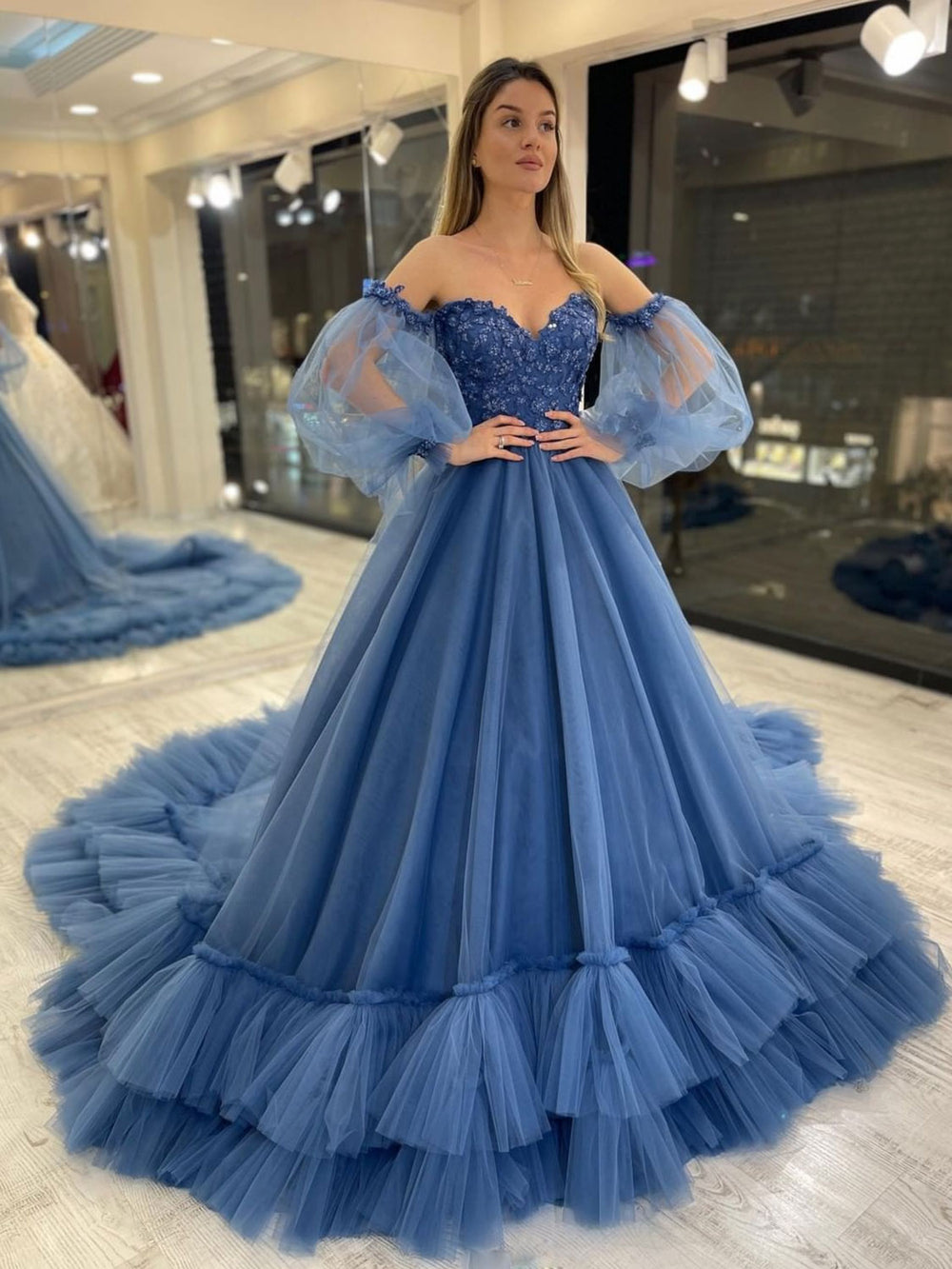 Sweetheart Neck Tulle Blue Prom Dresses, Puff Sleeves Long Blue Formal Evening Dresses