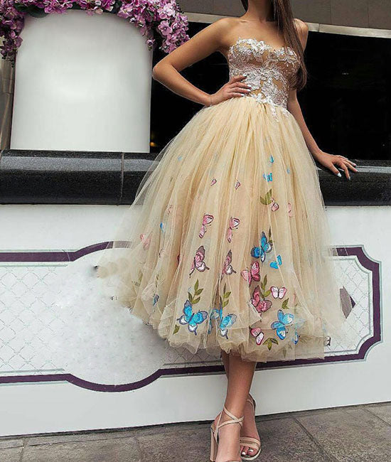 Champagne tulle tea length prom dress, tulle homecoming dress - shdress