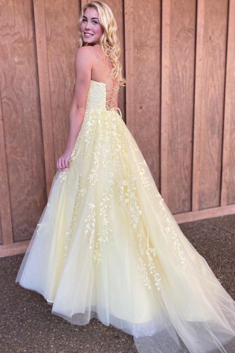 Yellow tulle lace long prom dress yellow evening dress shdress Yellow tulle lace long prom dress yellow evening dress shdress