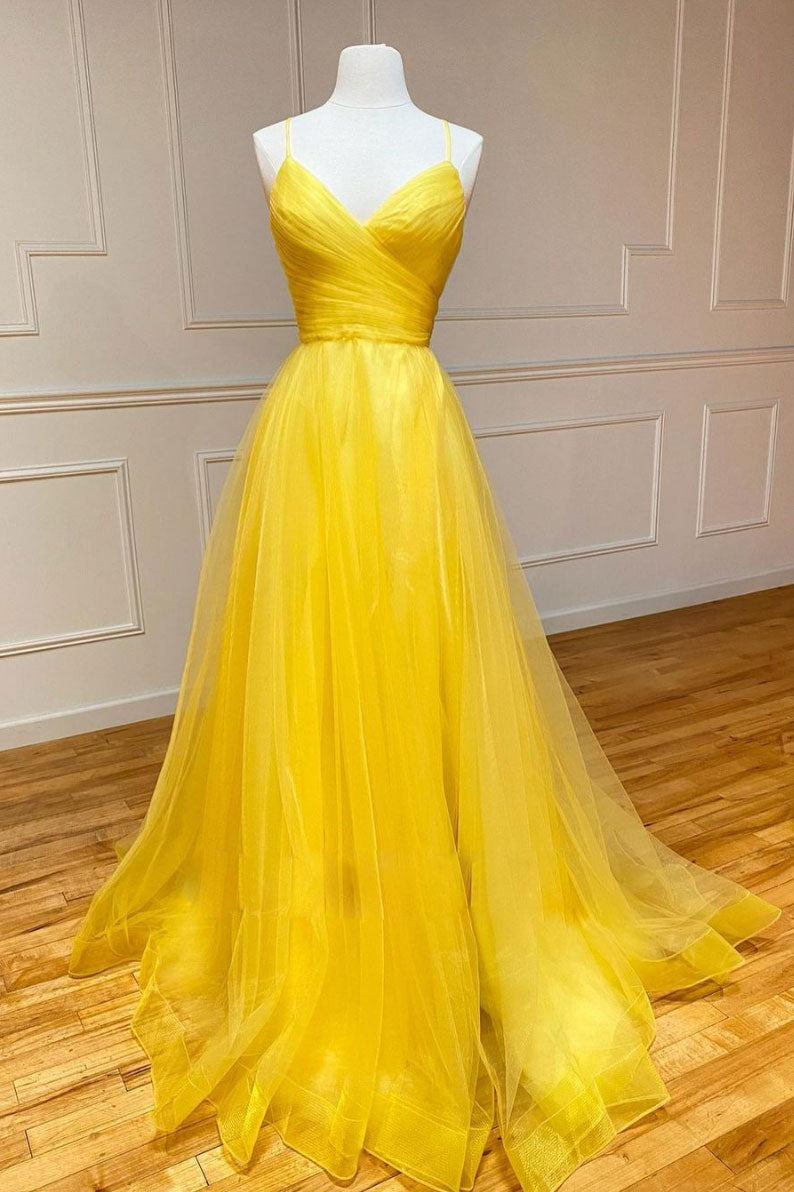 
                  
                    Yellow v neck tulle long prom dress yellow formal dress
                  
                