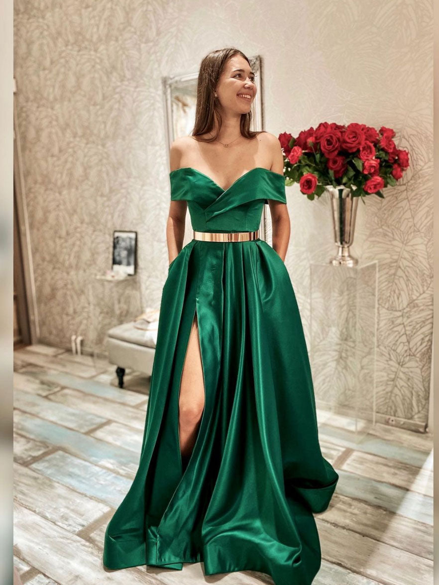 Simple green off shoulder satin long prom dress, green evening dress shdress Simple green off shoulder satin long prom dress, green evening dress shdress