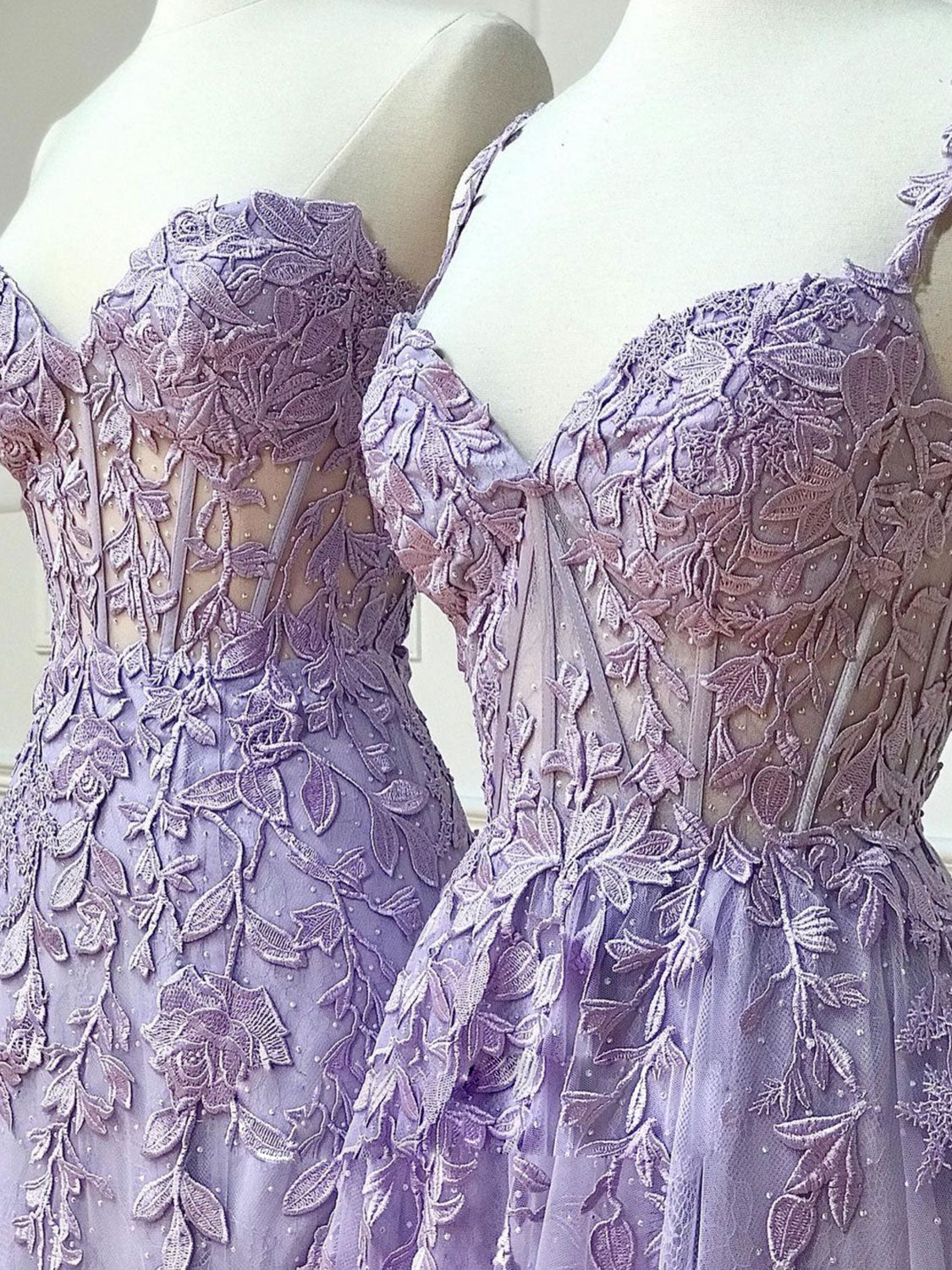 
                  
                    Purple sweetheart neck lace long prom dress, lace formal graduation dress
                  
                