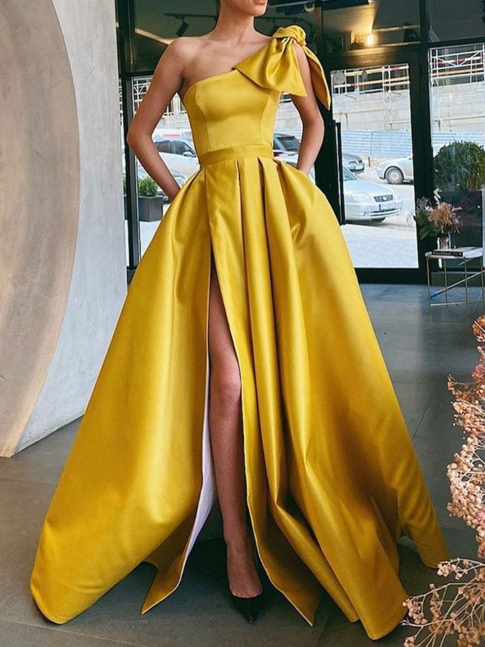 One Shoulder Satin Yellow Maxi Dress Simple Yellow One Shoulder Satin Long Prom Dress, Yellow Evening One Shoulder Satin Yellow Maxi Dress Simple Yellow One Shoulder Satin Long Prom Dress, Yellow Evening