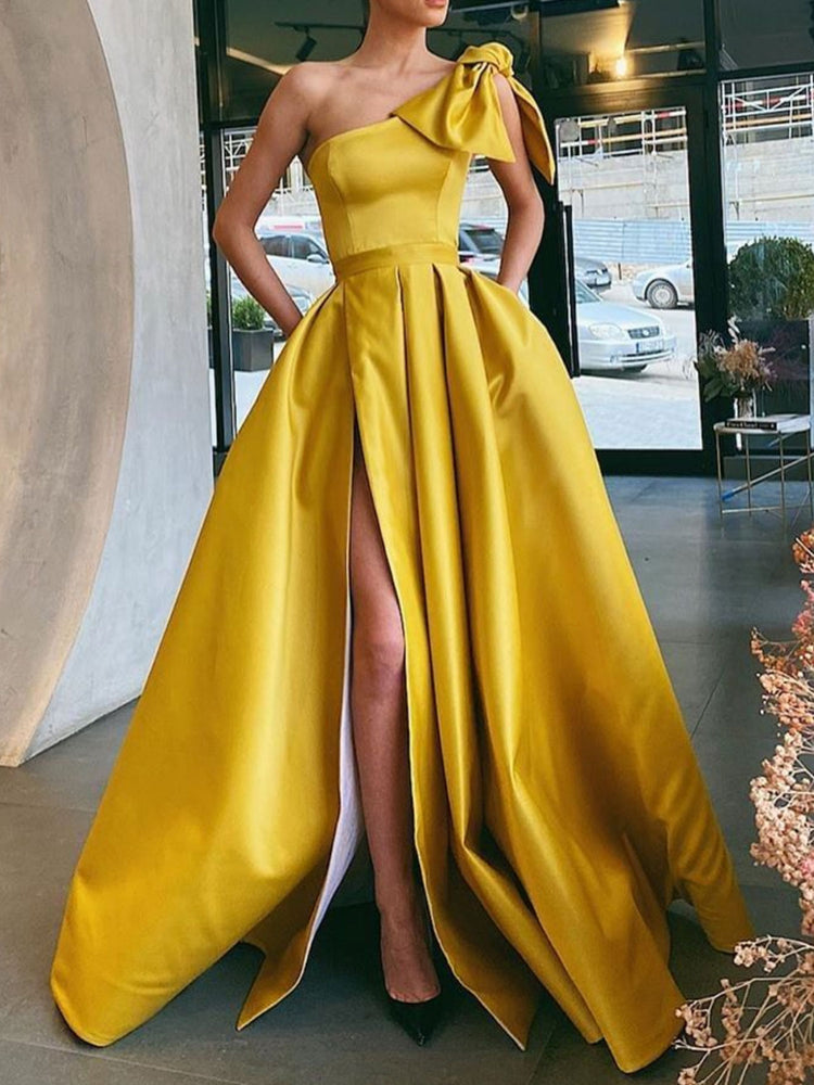 
                  
                    Simple Yellow one shoulder satin long prom dress, yellow evening dress
                  
                