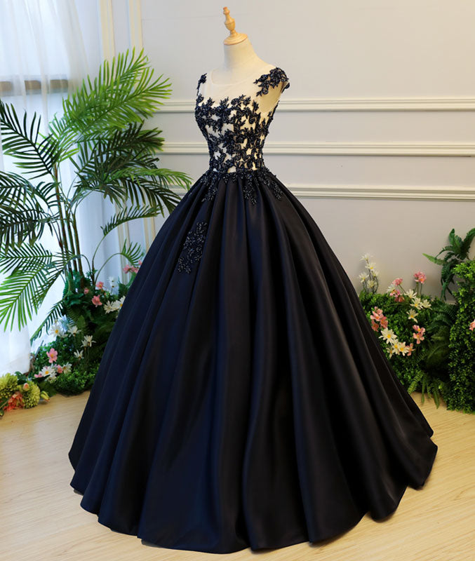 Black round neck satin long prom gown, black evening dress - shdress