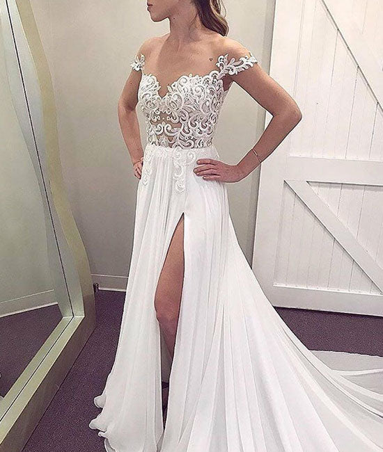 White off should chiffon lace long prom dress, white evening dress - shdress