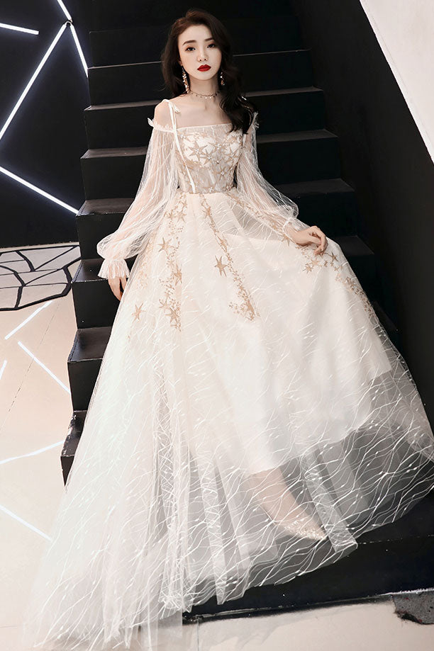 Champagne tulle lace long prom dress, champagne lace evening dress – shdress