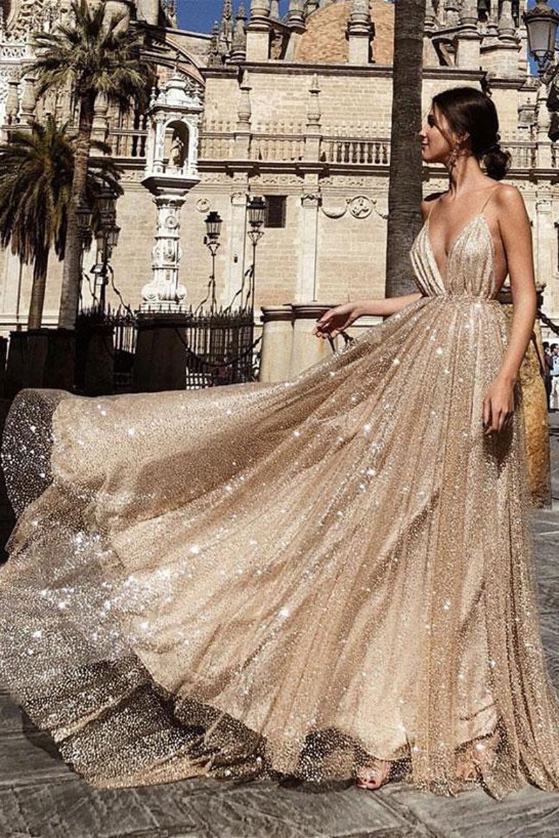 Champagne sequin v neck tulle long prom dress, sequin evening dress