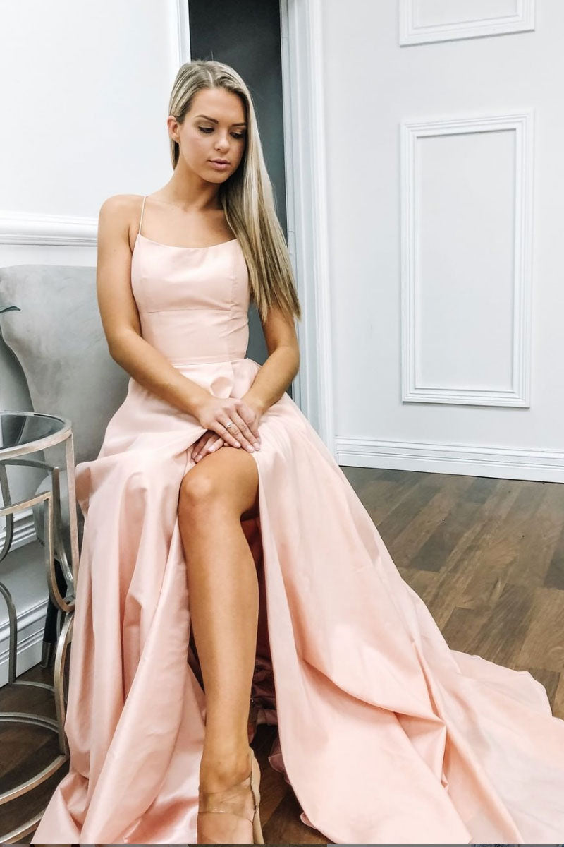 Simple pink satin long prom dress, pink evening dress – shdress