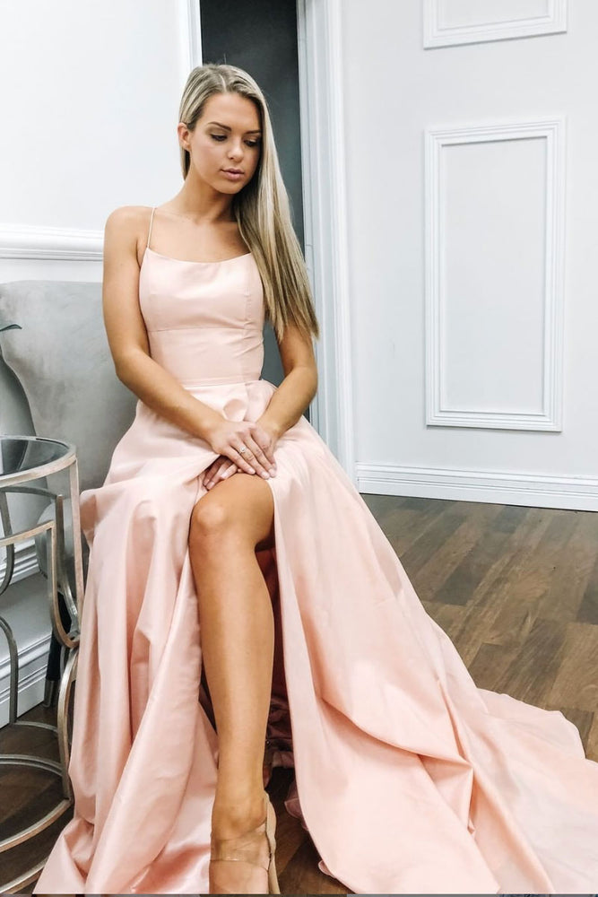 
                  
                    Simple pink satin long prom dress, pink evening dress
                  
                