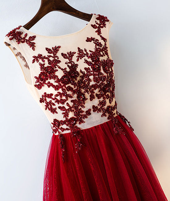 
                  
                    Burgundy round neck tulle lace long prom dress, bridesmaid dress - shdress
                  
                