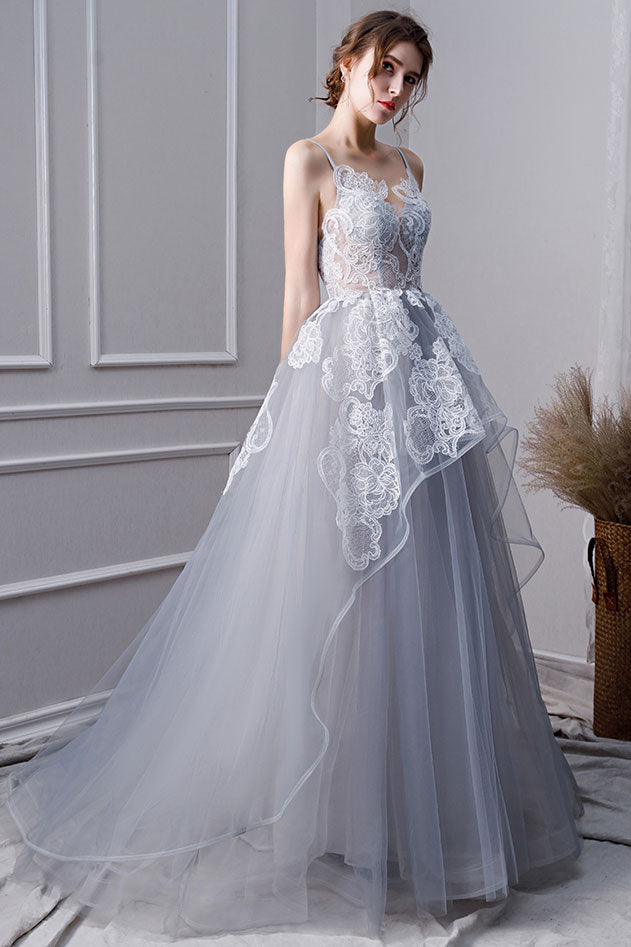 Gray tulle lace long prom dress, gray tulle lace evening dress