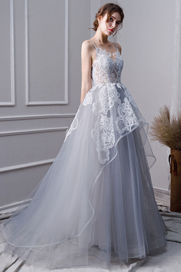 
                  
                    Gray tulle lace long prom dress, gray tulle lace evening dress
                  
                