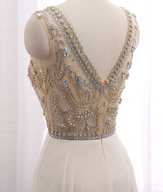 Champagne round neck chiffon beads long prom dress, champagne evening dress - shdress