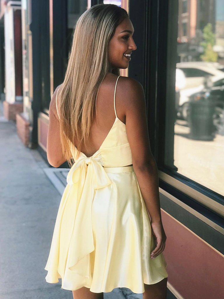 Simple yellow v neck satin short prom dress, yellow homecoming dress shdress Simple yellow v neck satin short prom dress, yellow homecoming dress shdress