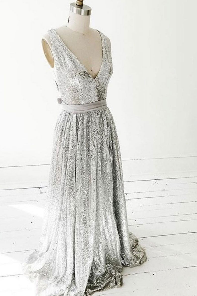 Simple gray v neck sequin long prom dress gray formal dress