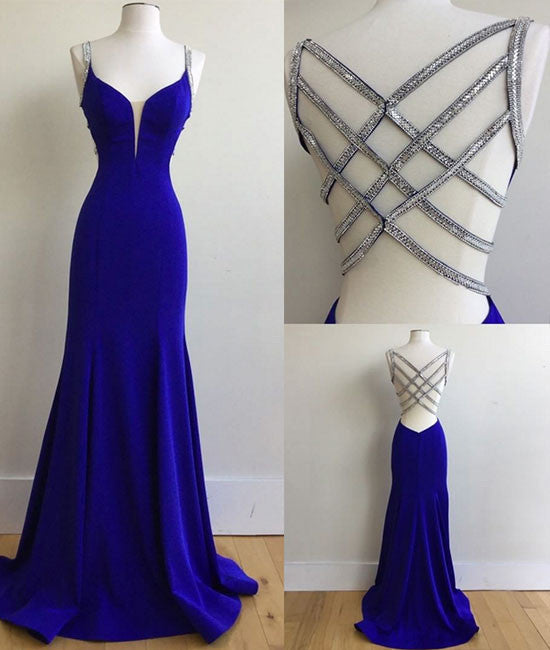Blue v neck sequin long prom dress, unique blue evening dress - shdress
