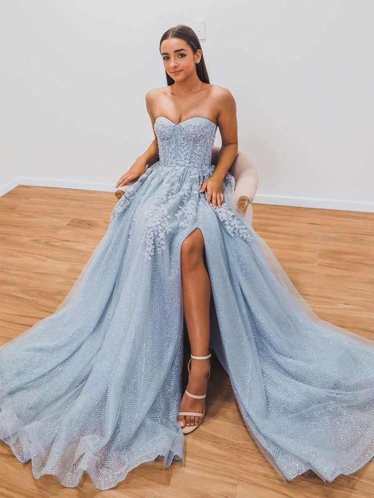 A-Line Sweetheart Neck Blue Long Prom Dresses, Blue Formal Graduation shdress A-Line Sweetheart Neck Blue Long Prom Dresses, Blue Formal Graduation shdress
