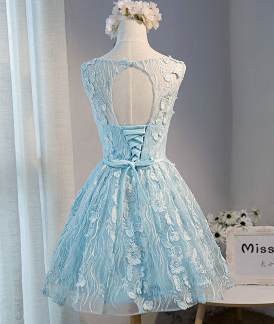 
                  
                    Cute blue round lace short prom dress, blue homecoming dress - shdress
                  
                
