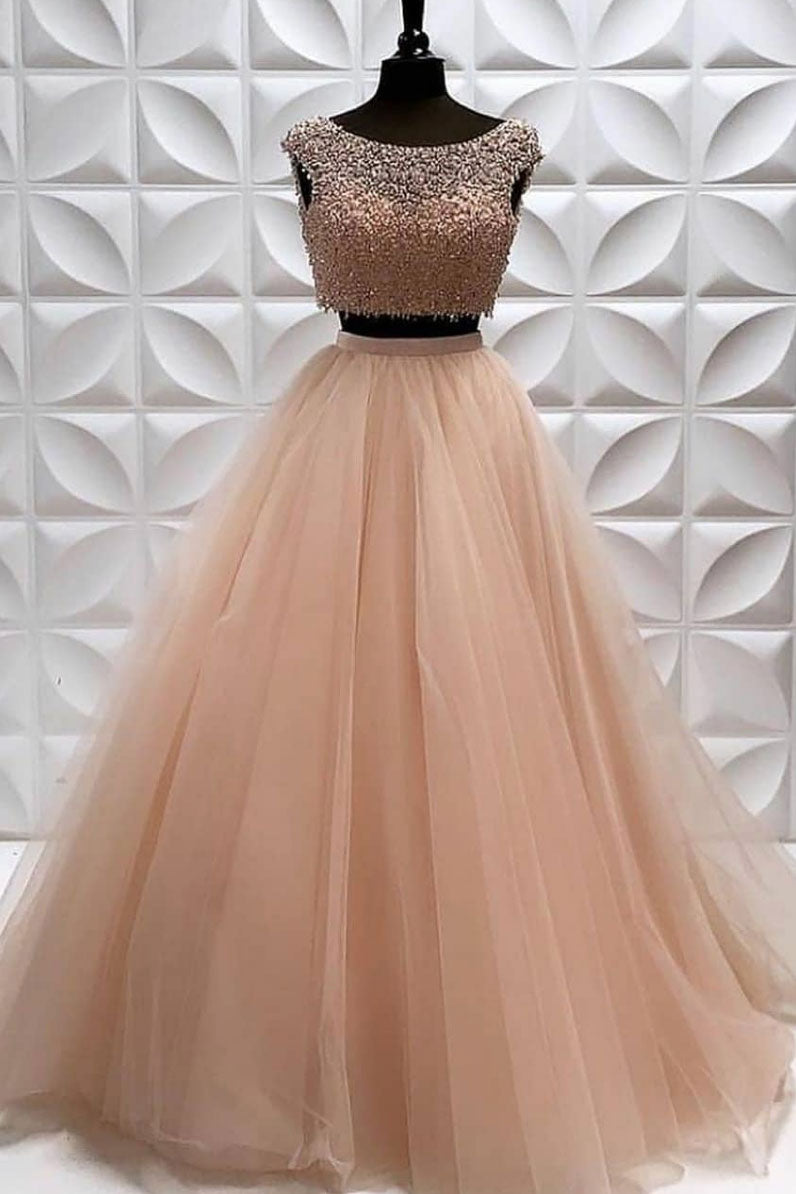 Champagne two pieces beads long prom dress, champagne evening dress