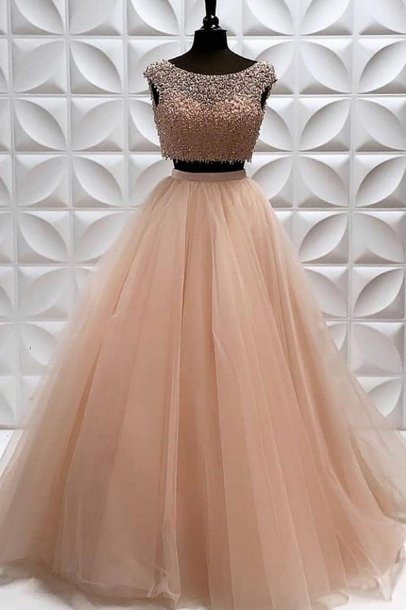Champagne two pieces beads long prom dress, champagne evening dress shdress Champagne two pieces beads long prom dress, champagne evening dress shdress