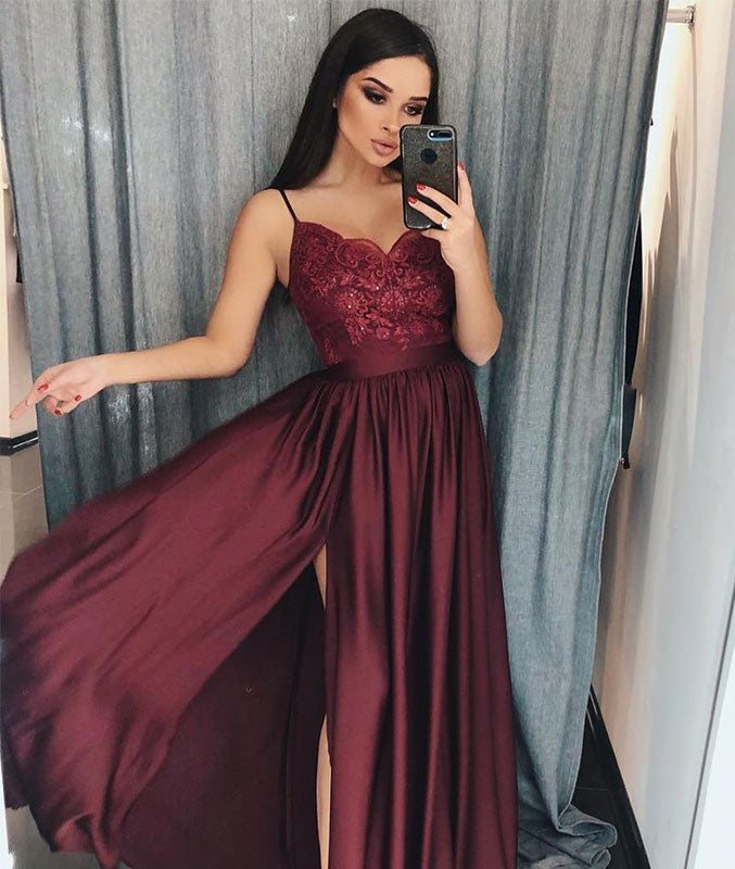 Burgundy lace long prom dress, burgundy bridesmaid dress - shdress