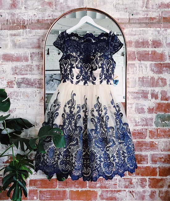 Blue lace applique short prom dress, blue bridesmaid dress - shdress