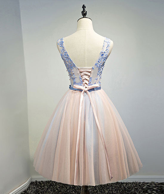 
                  
                    Pink v neck tulle lace appplique short prom dress, homecoming dress - shdress
                  
                