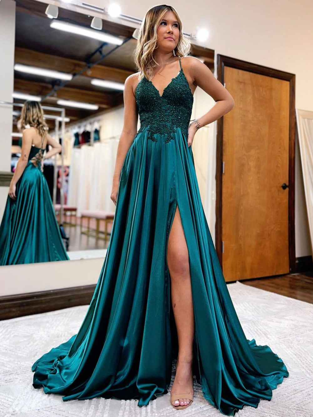 A-Line Green Lace Satin Long Prom Dress, Green Formal Dress