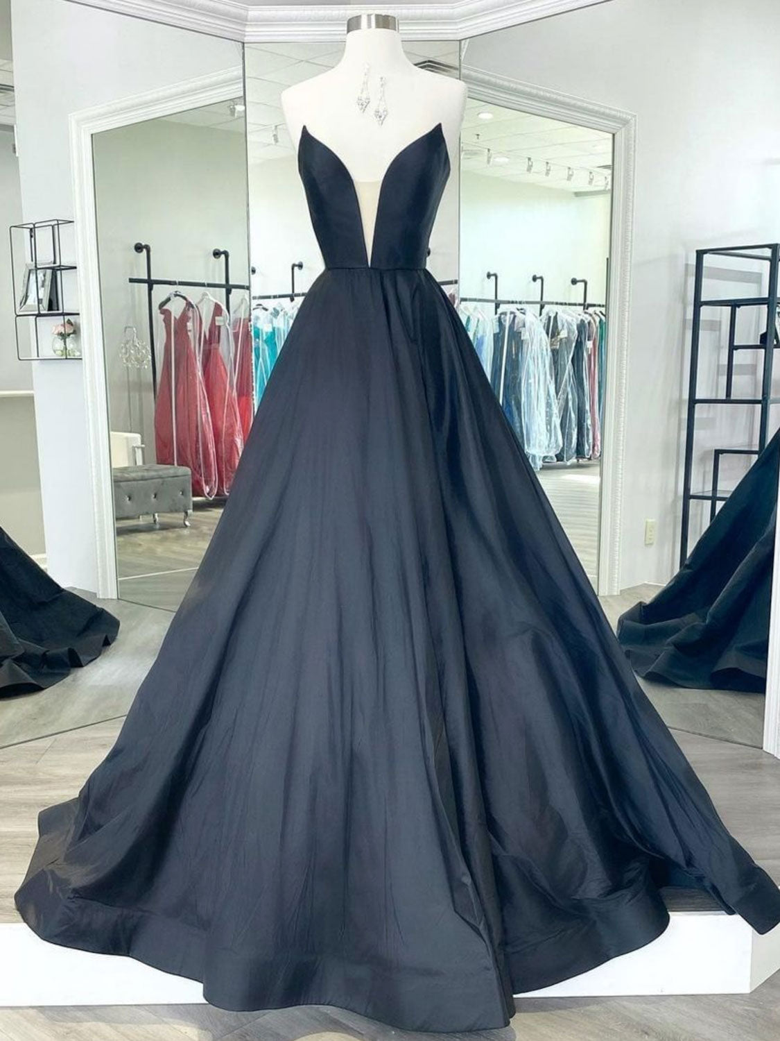 Black v neck satin long prom dress, black evening dress shdress Black v neck satin long prom dress, black evening dress shdress