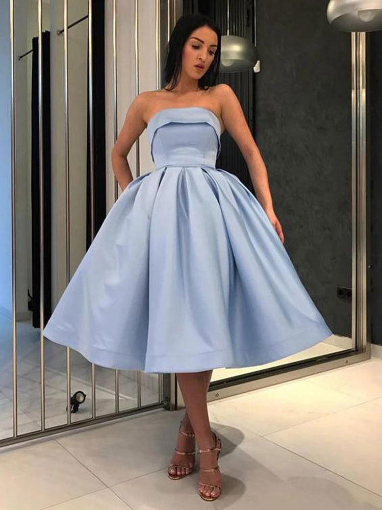
                  
                    Simple blue satin short prom dress, blue evening dress
                  
                