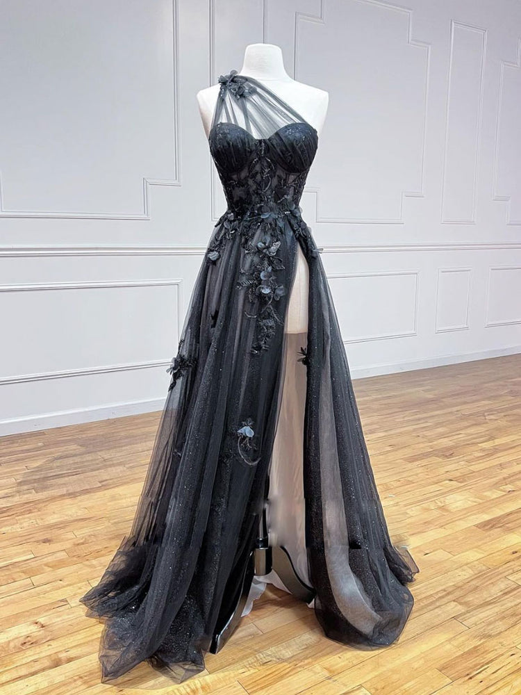 A-Line Black Tulle Lace Long Prom Dress, Black Formal Graduation Dress shdress A-Line Black Tulle Lace Long Prom Dress, Black Formal Graduation Dress shdress