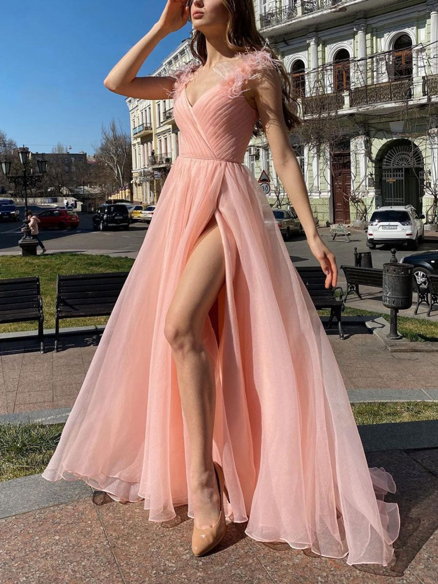 Blushing Pink Prom Dresses Floor-Length Long Cascading Ruffles Lace Fo –  SELINADRESS